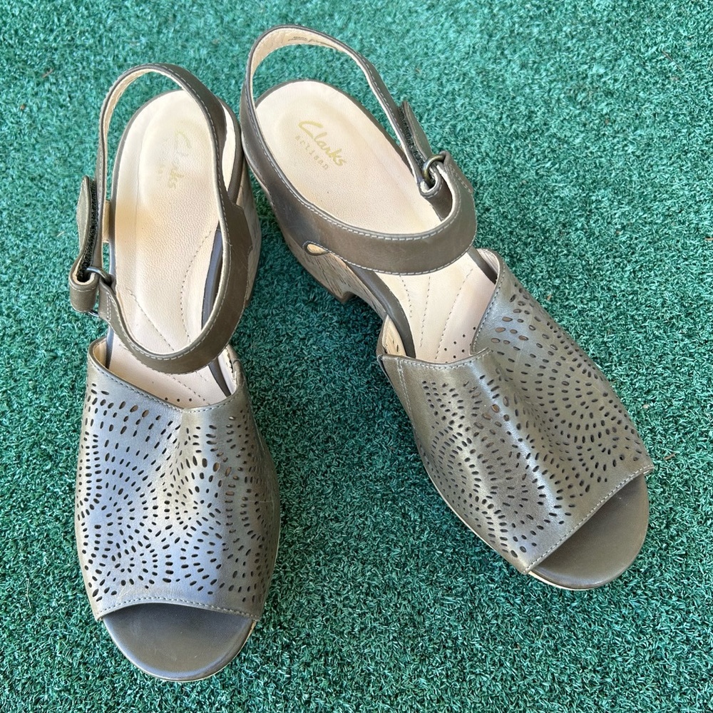 Clarks Artisan Maritsa Nila Leather Cork Wedge Platform Sandal Leather Green 8.5 - Picture 2 of 13